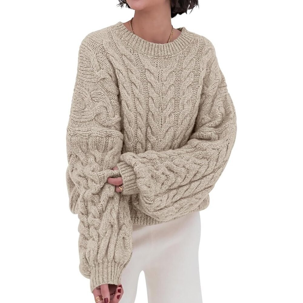 Women's Khaki Spring Fall Cable Knit Long Sleeve Crew Neck Oversized Sweater